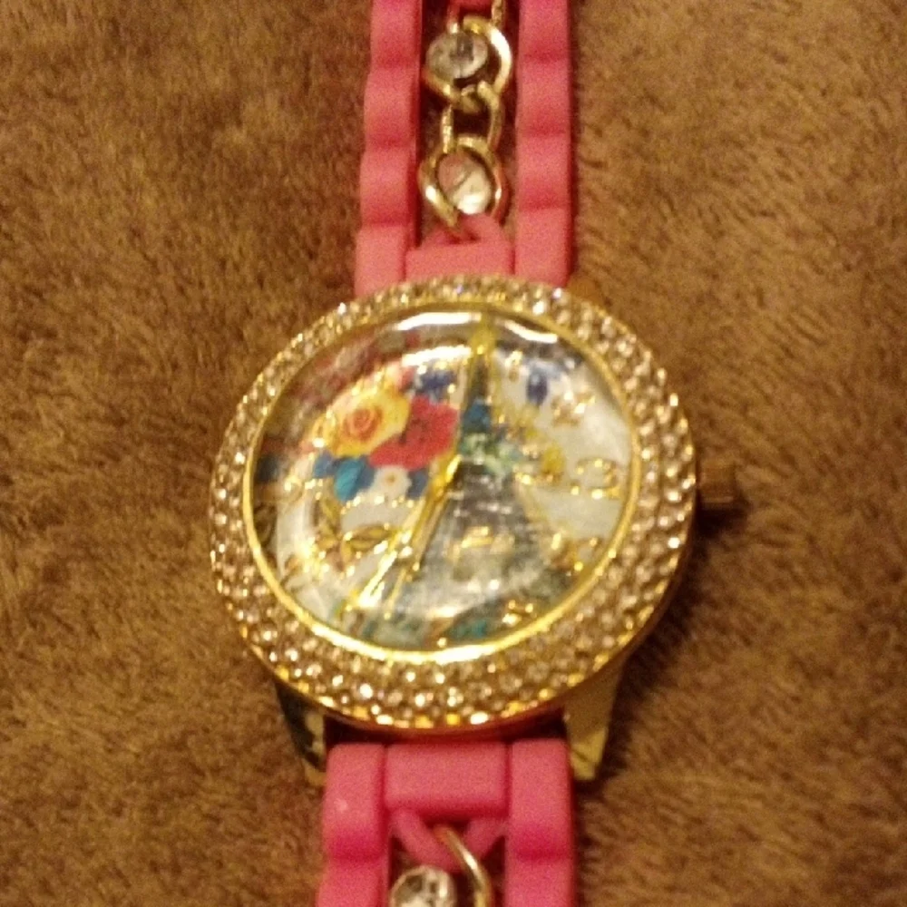 Pink and Gold Watch with Eiffel Tower Design